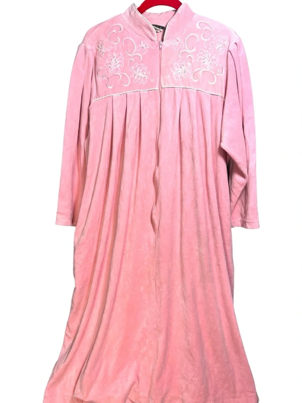 Vintage Robes of California Small  Pink Velour House Dress Embroidered 1/2 Zip